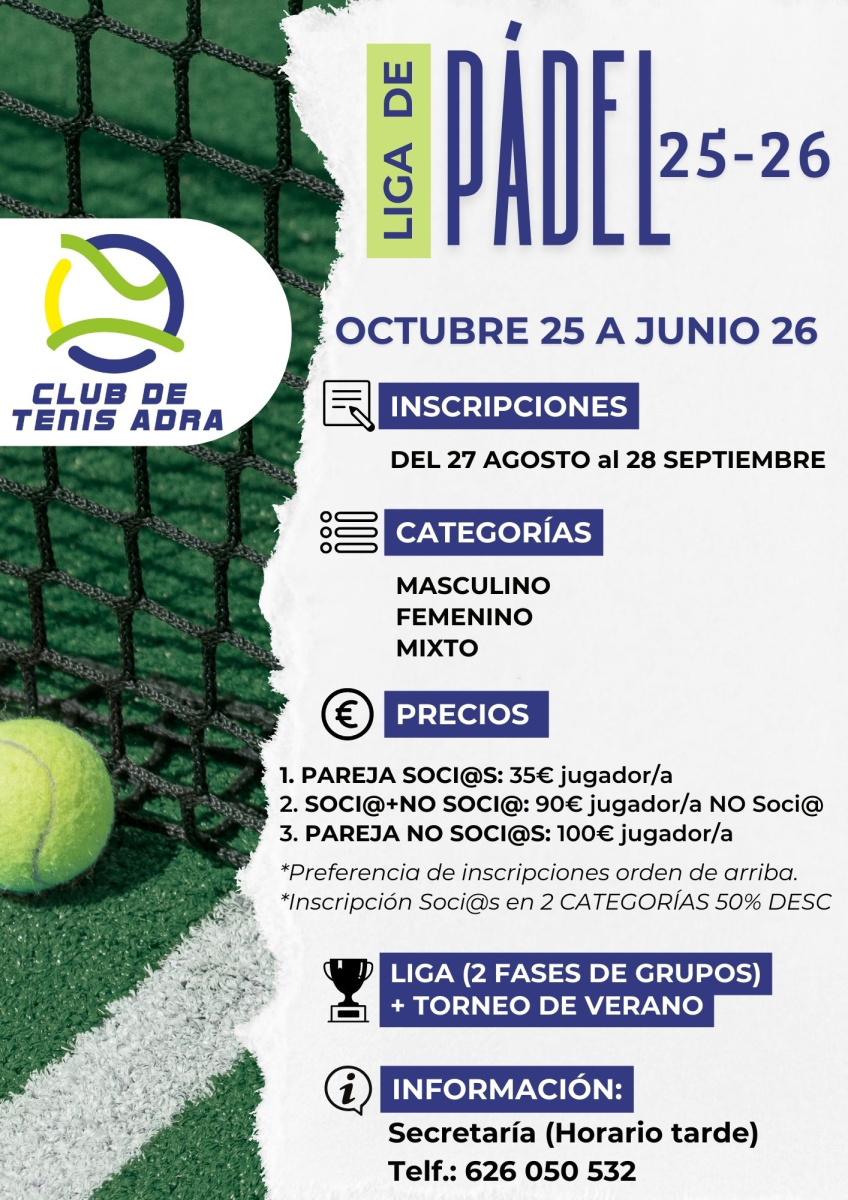 Vuelve la Liga de PADEL 25/26 del Club de Tenis Adra